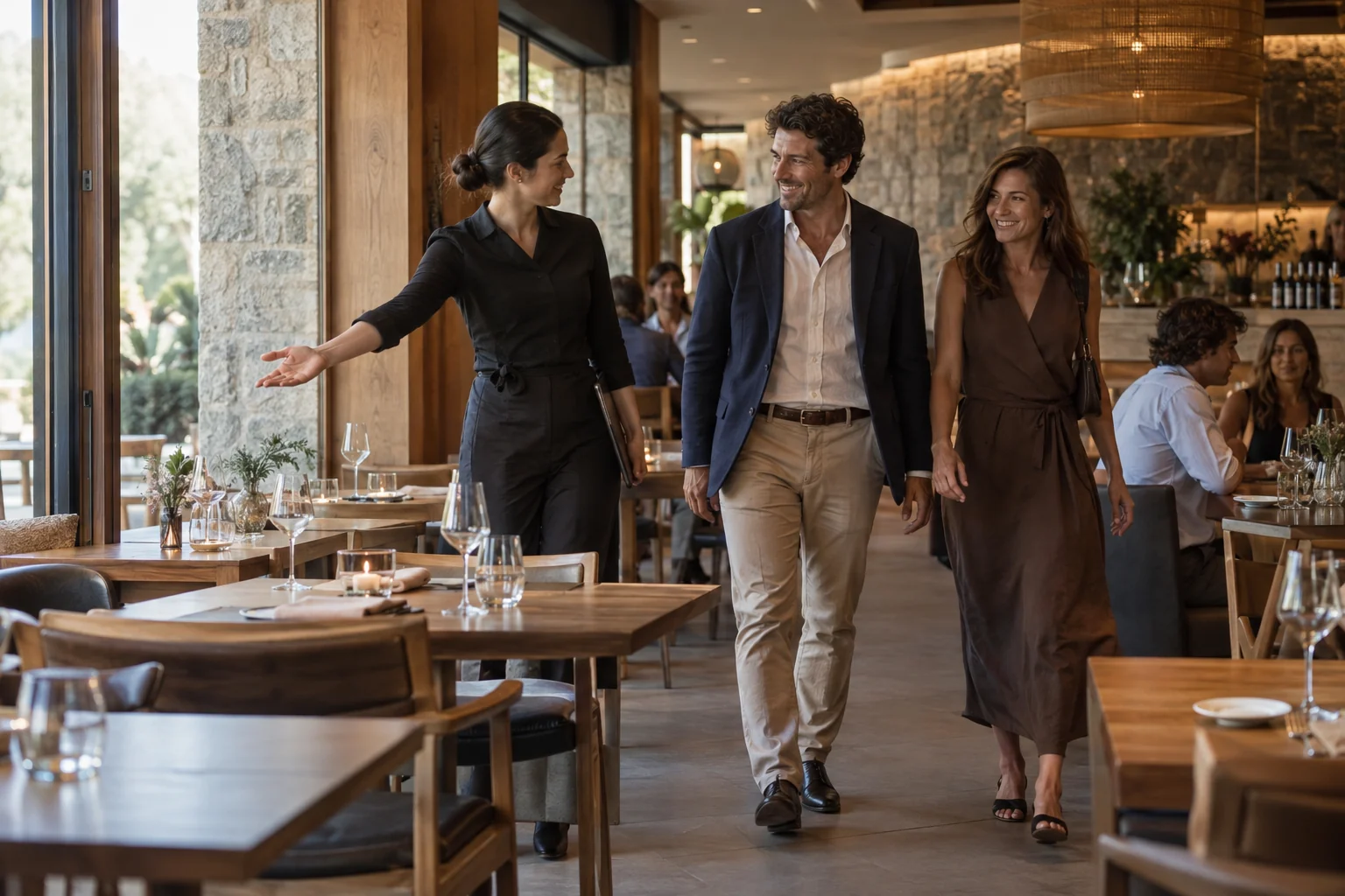 Anfitriona acompañando a una pareja hasta una mesa preparada en el restaurante