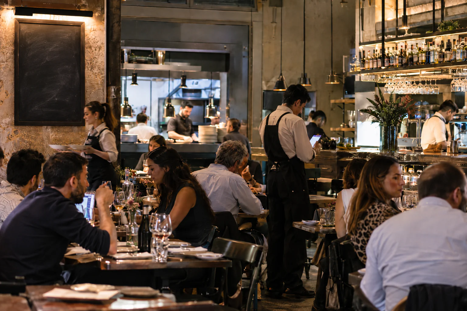 Comensales y camareros durante el servicio en la sala de un restaurante